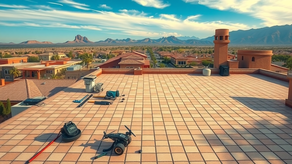 Perfectly installed new roof in Gilbert AZ, panoramic desert suburb view