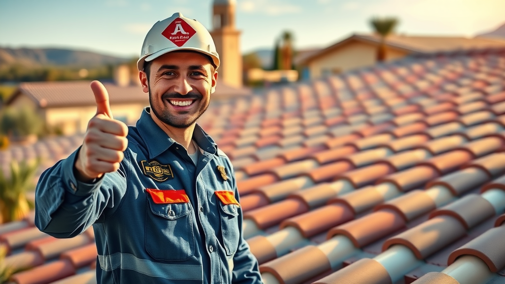 Professional roofer in Gilbert AZ next to new residential roof, desert landscape