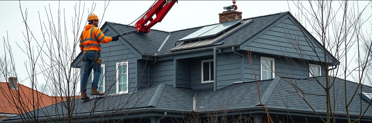 Roofing contractor in Campbell, CA using crane to deliver materials to residential roof.