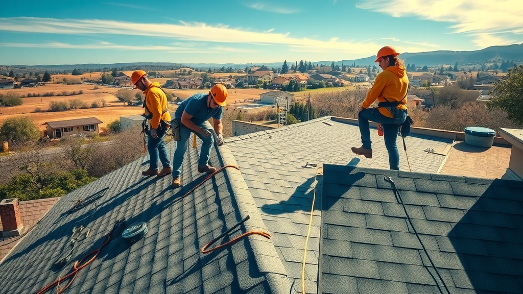 Roofing contractors in Campbell, CA installing new shingles in a sunny neighborhood.