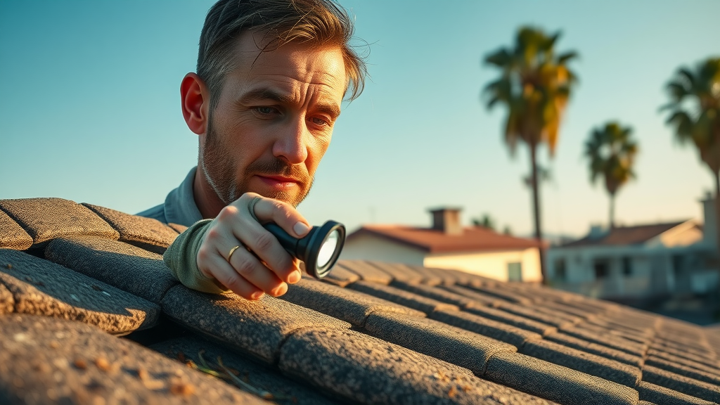 Expert roof inspection in Northridge, CA with sunlight highlighting roof tiles