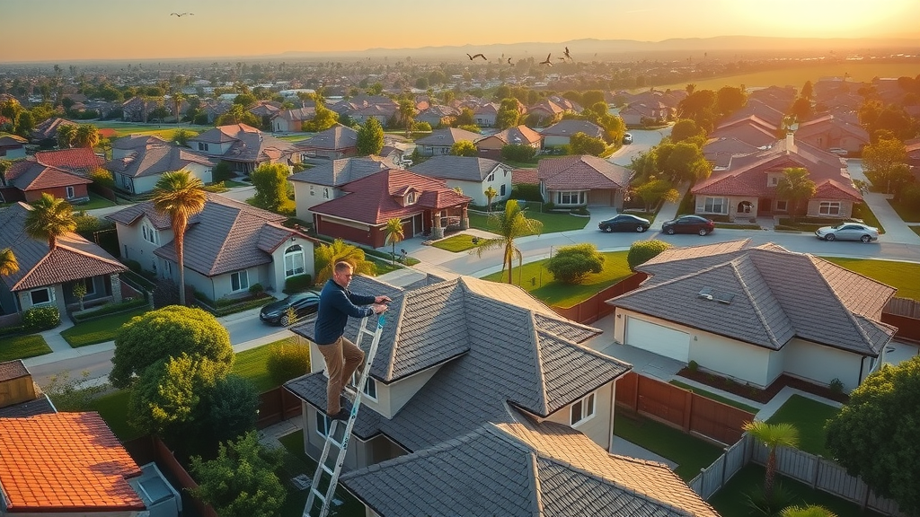 Roofer inspects Northridge CA house roof at sunrise, preventative maintenance