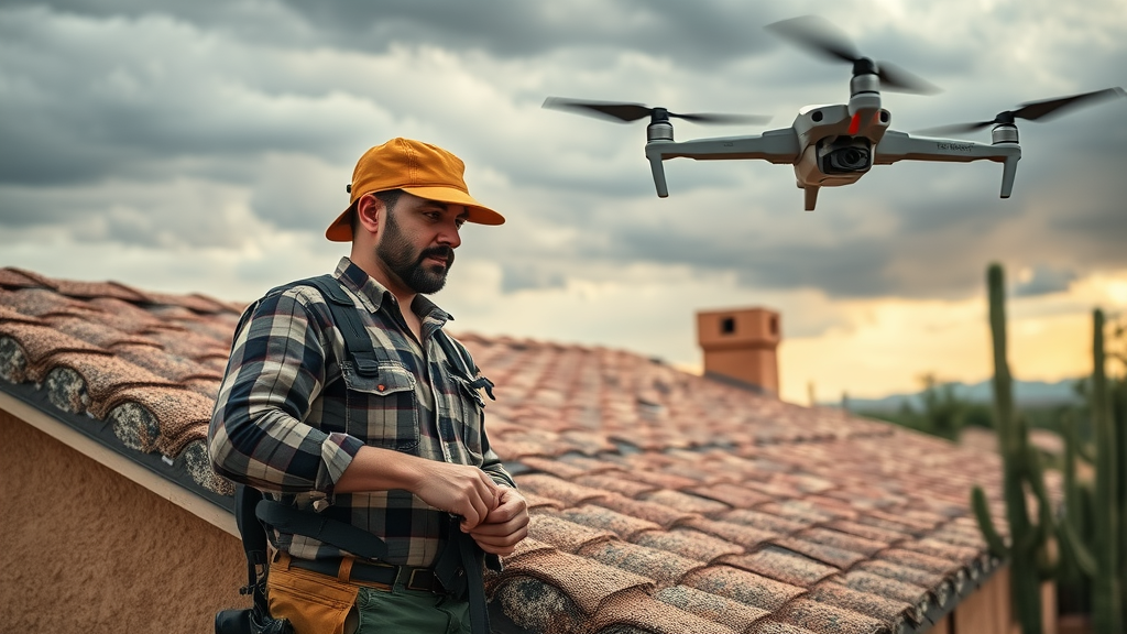 Expert roof repair contractor in Tucson inspects tile roof with a drone nearby