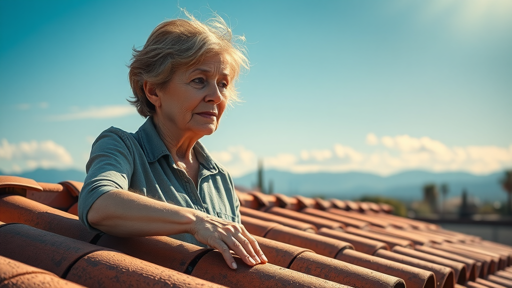 Tucson homeowner watches roof repair contractor inspect weathered roof tiles