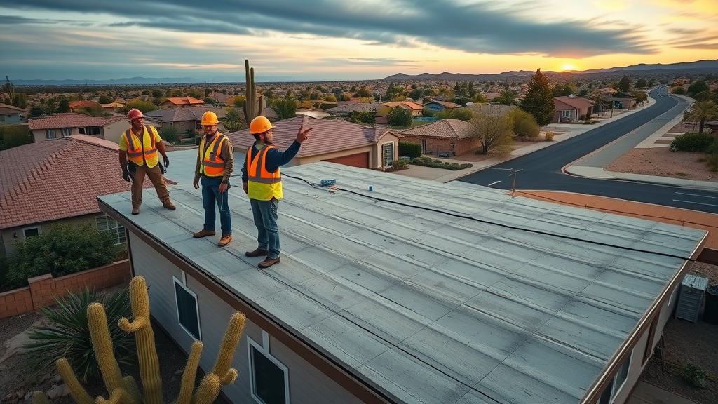 Roof repair contractors in Tucson assess a desert home’s flat roof at sunset