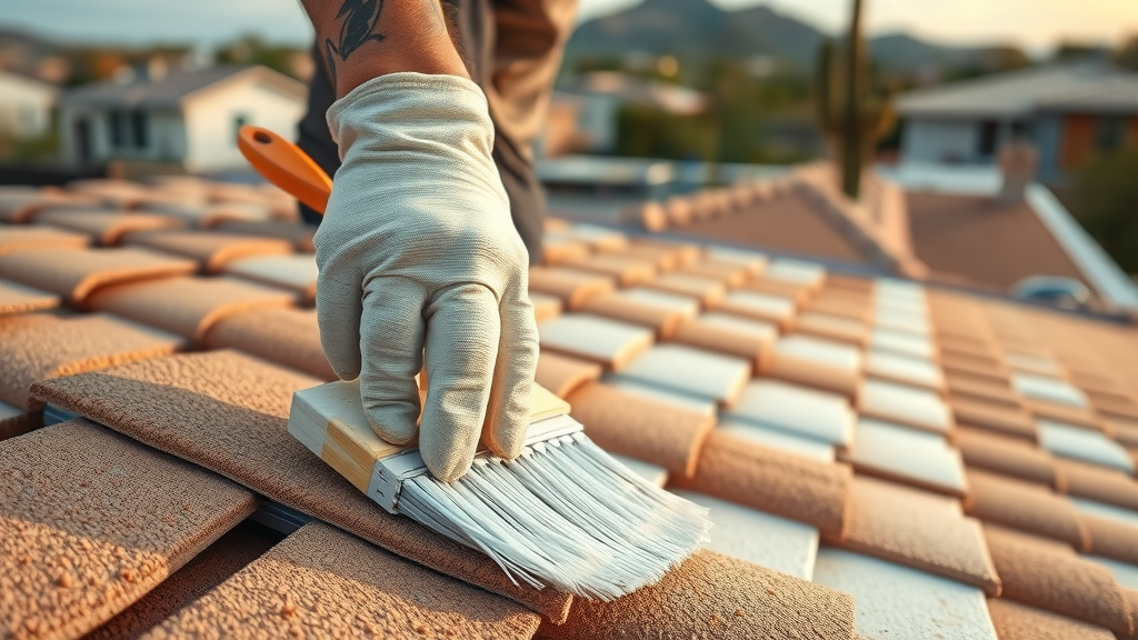 Hands apply elastomeric coating on Tucson roof, ensuring quality roof repair