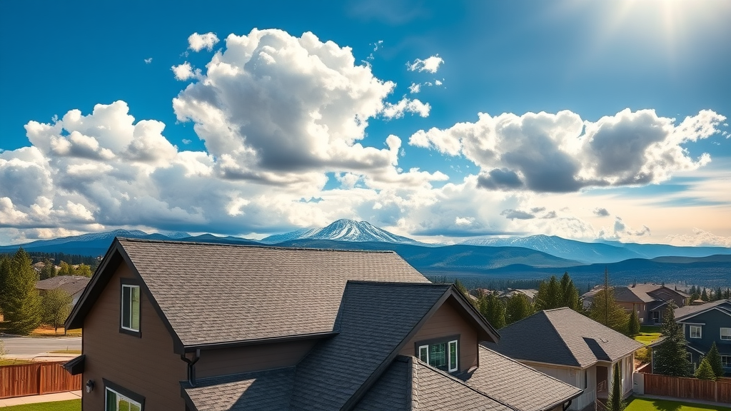 Freshly repaired roof on Colorado Springs home with Pikes Peak, sunlight, and mountains