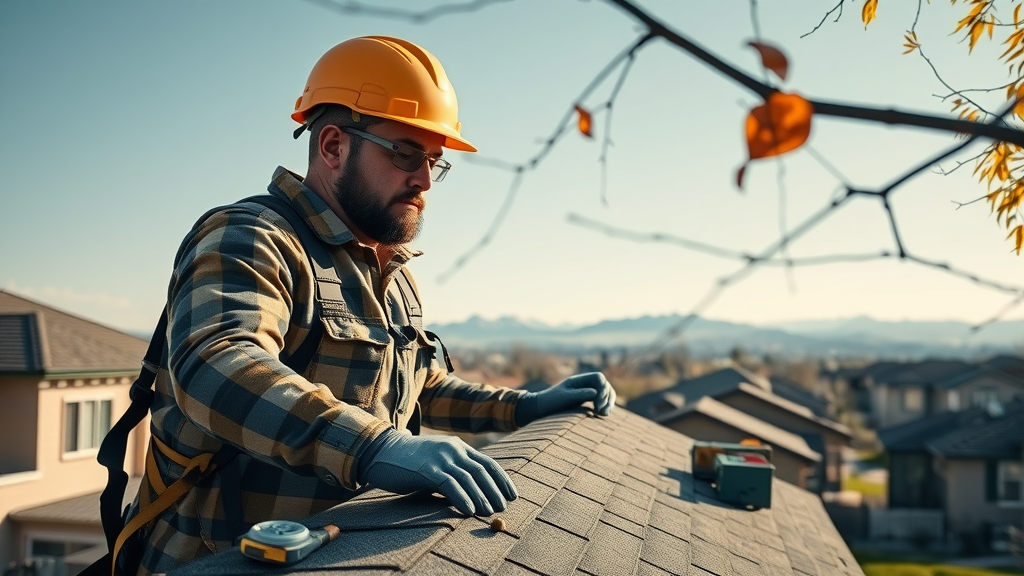 Roofing expert inspects shingles for repair on Colorado Springs home in clear daylight