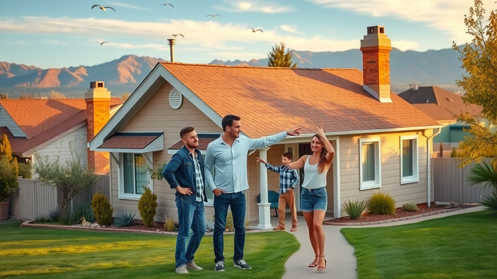 Family admires their new residential roof in Colorado Springs with mountain view at sunset