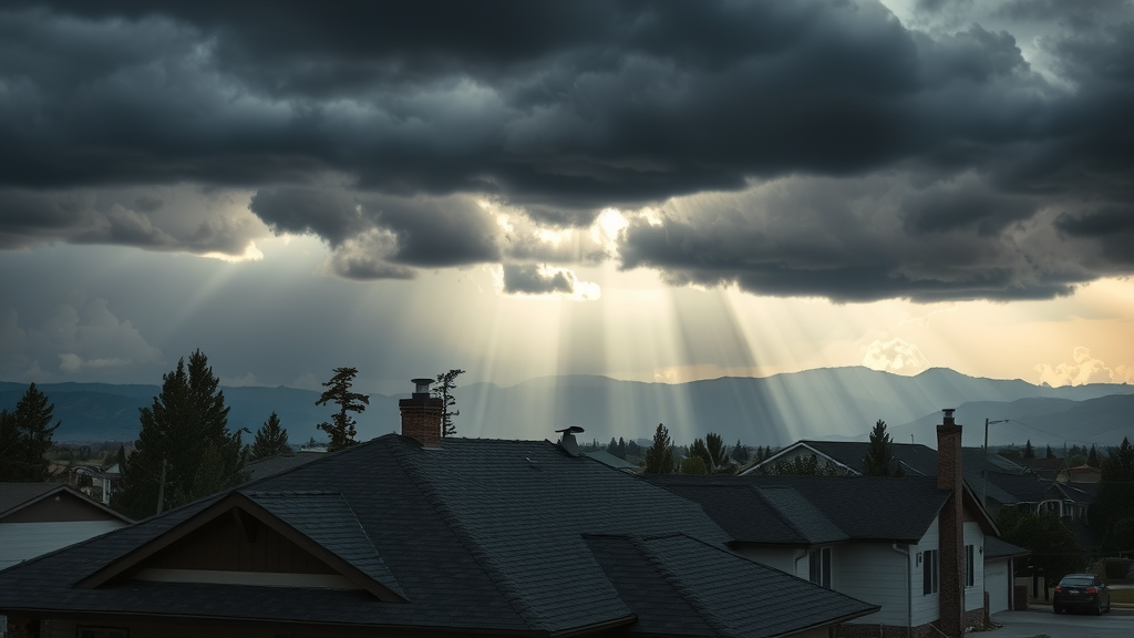 Recently repaired residential roof in Colorado Springs shining after a storm with dramatic sky