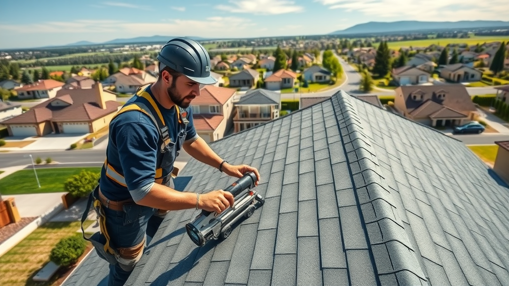 Residential roofer in Chico, CA installing new roof shingles on a suburban home