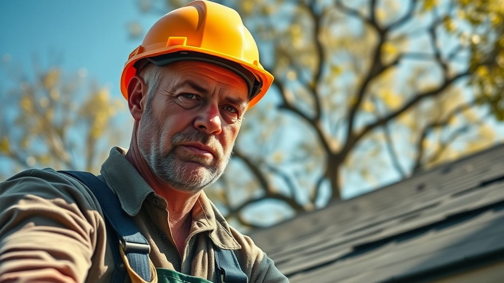 Chico residential roofer inspecting a roof for damage under clear blue sky