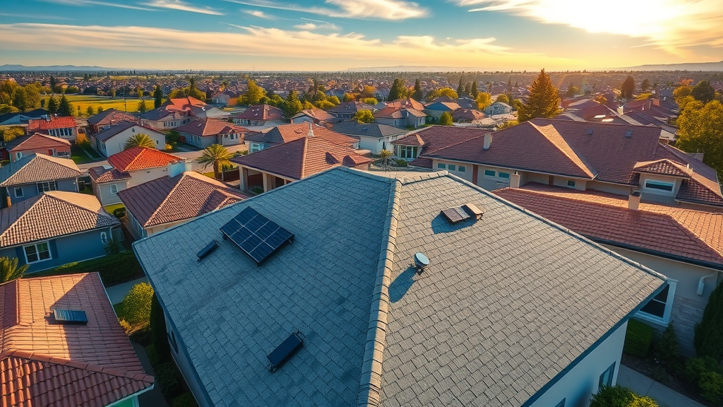 Finished residential roof installation in Chico, CA with neighborhood view