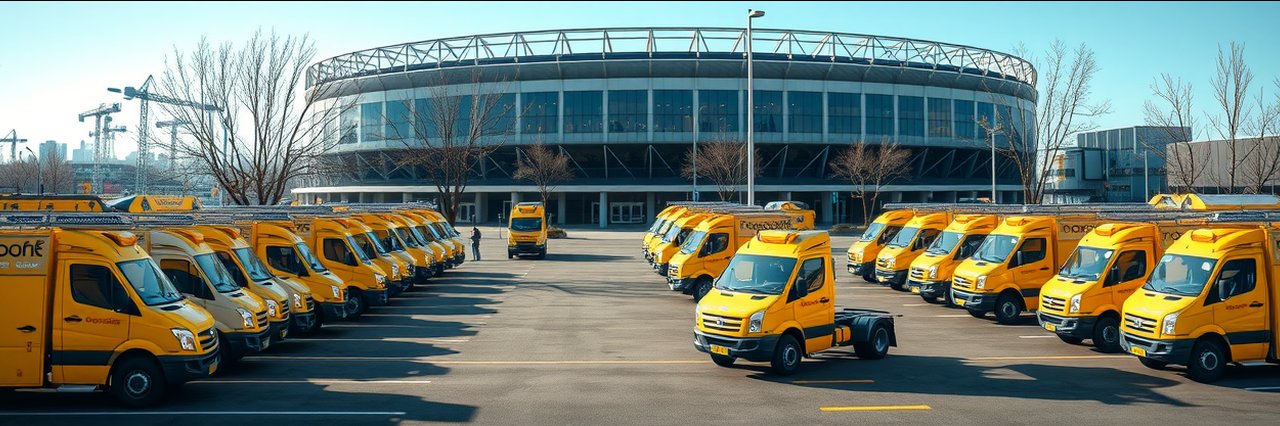 Fleet of yellow roofers in Norfolk, VA trucks parked outside arena on sunny day