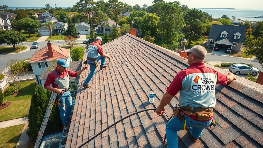 Roofers in Norfolk, VA installing new shingles on local home under morning sun