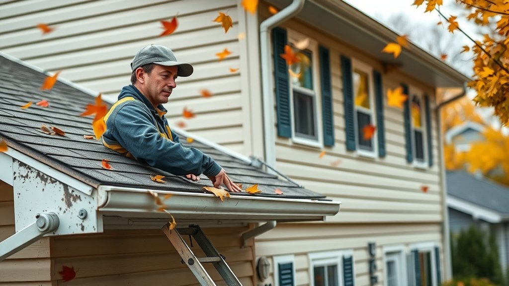 Norfolk VA roofer repairing gutters on residential home during fall season