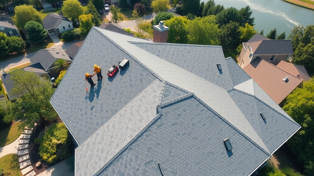 Aerial of Suffolk VA residential roofing with roofers inspecting and repairing