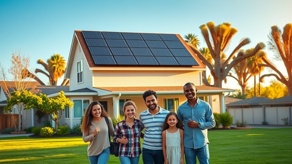 Modern Sacramento home with solar installation and family under sunny sky