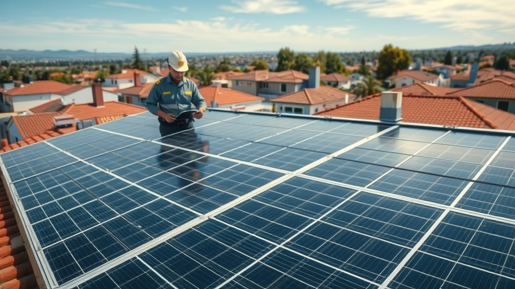 Technician inspects solar panels on Sacramento CA home rooftop installation