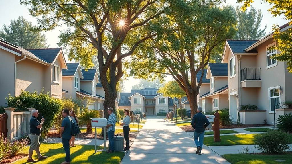 Sacramento neighborhood street with solar installation and friendly residents