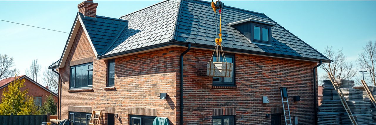 Storm restoration company in Lubbock, TX repairing roof of modern brick home.