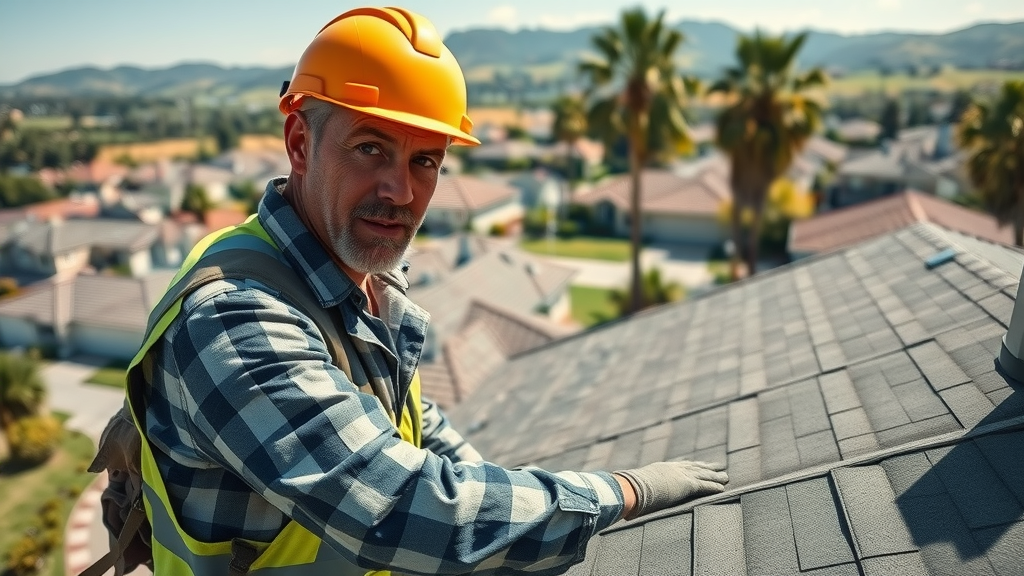 Local roofing contractor in San Mateo, CA inspecting a roof in bright daylight.