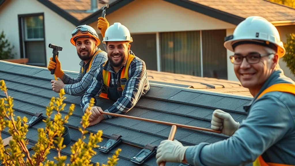 Diverse local roofing contractor team in San Mateo replacing roof shingles.