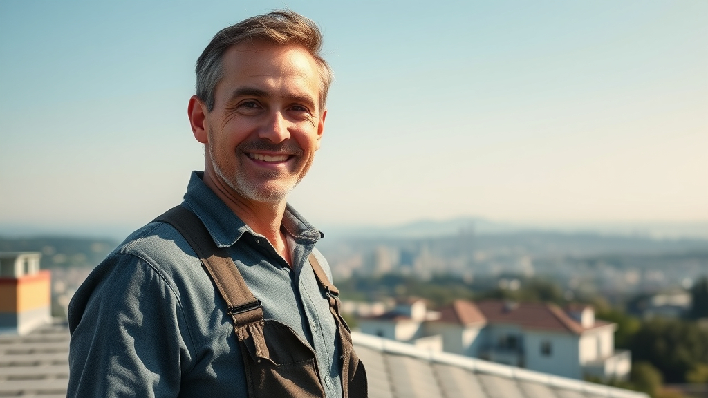Friendly local roofing contractor on completed San Mateo home roof, cityscape view.