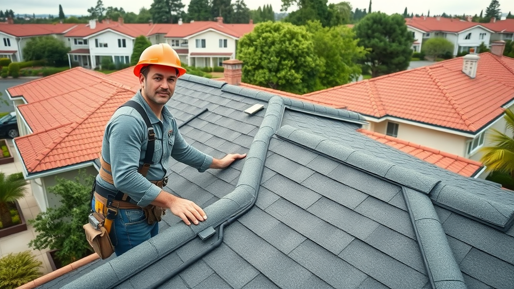 Professional local roofing contractors install shingles on San Mateo home rooftop.