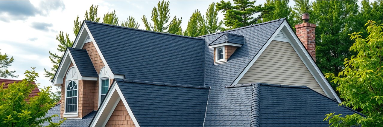 Newly repaired roof with dark shingles in suburban area near Midlothian, VA.