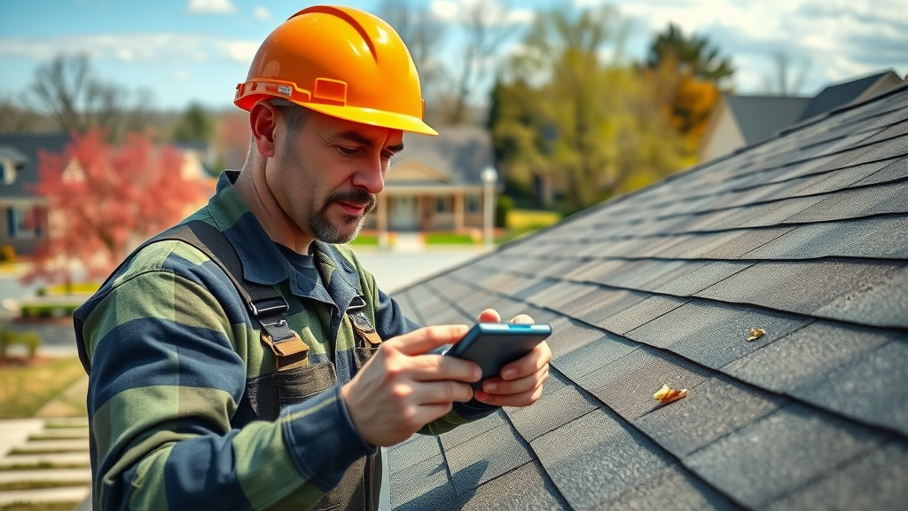 Inspector checking Midlothian VA roof for storm damage needing repair services