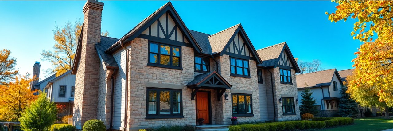 Charming stone Tudor-style home with new windows, window replacement near Madison, WI.