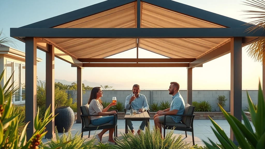 Modern outdoor patio cover in Carlsbad backyard with happy homeowners relaxing