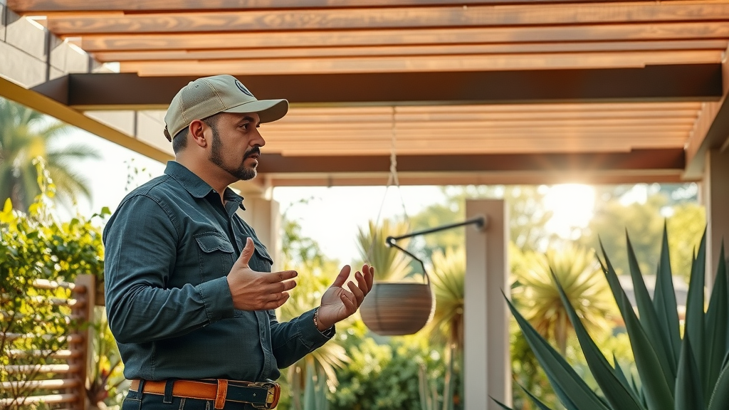 Installer demonstrates eco-friendly patio cover for Carlsbad homeowner