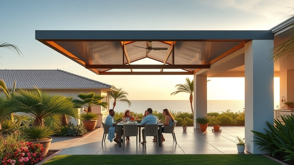 Custom patio cover in Carlsbad with family enjoying outdoor meal under shade