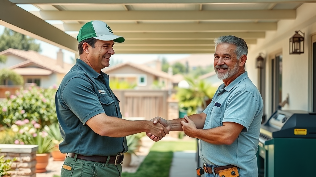 Carlsbad contractor and homeowner handshake under new outdoor patio cover