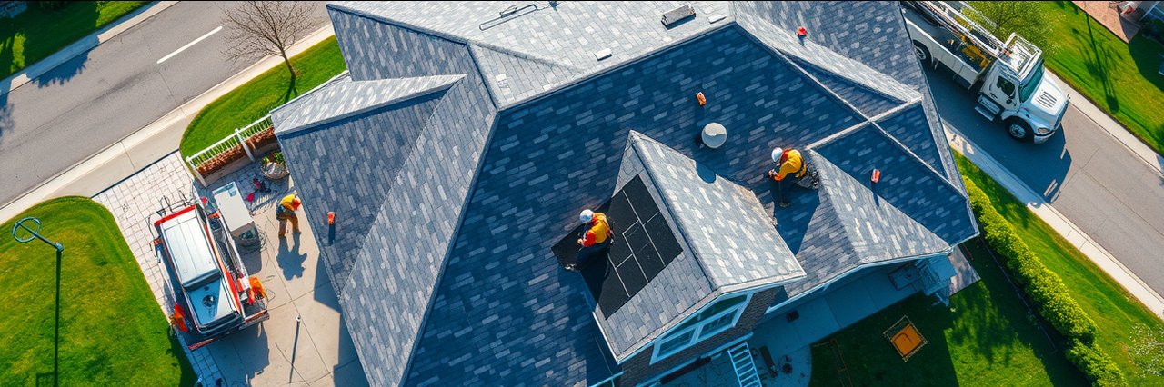 Storm restoration services near Columbus OH: aerial view of workers repairing house roof