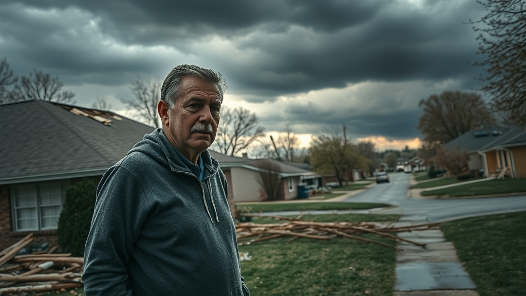 Homeowner assessing storm damage in Columbus OH neighborhood after severe weather
