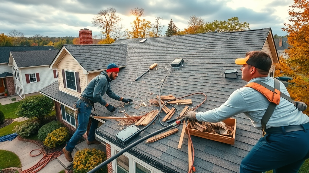Storm restoration services crew repairing roof damage near Columbus OH