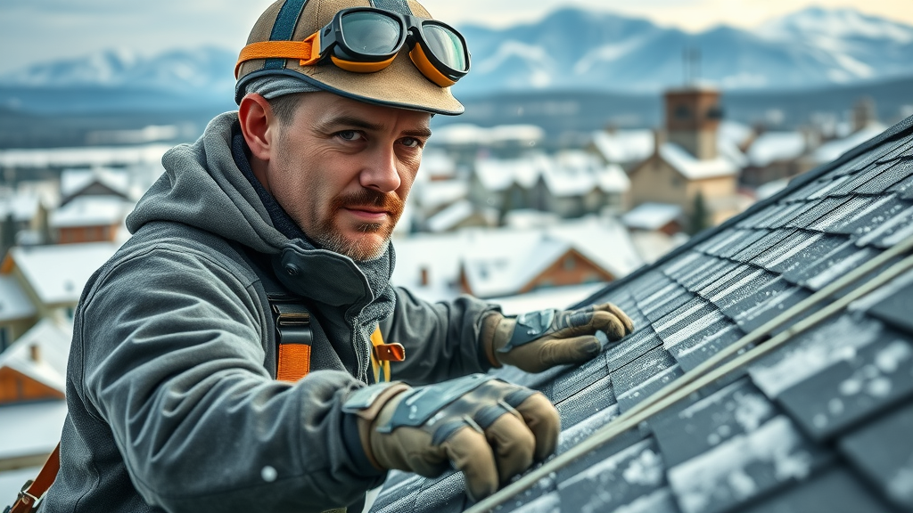 Expert contractor performing roof replacement Aspen, CO under snowy sky