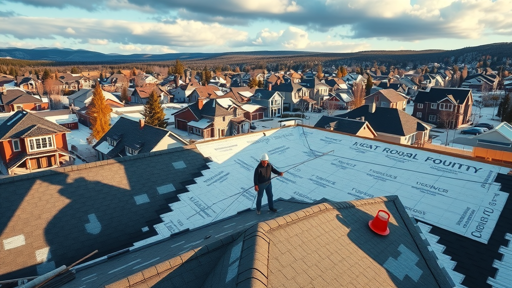 Aerial view of roof replacement Aspen, CO crew using advanced materials