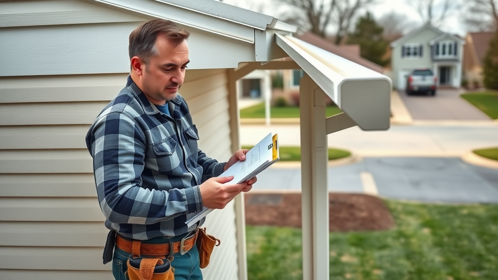 Inspector checking new gutter installation in Columbus, OH neighborhood