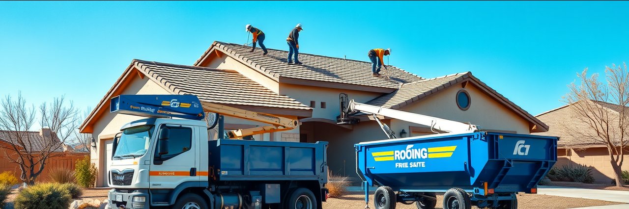 Professional roofing services in Las Vegas with workers repairing a home roof.