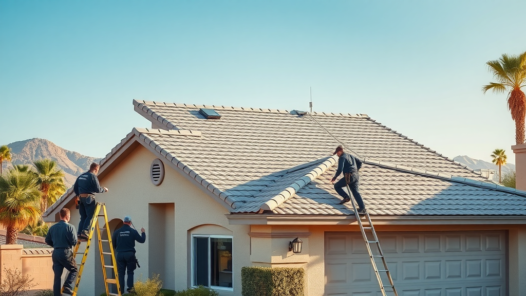 Professional roofing services in Las Vegas inspecting tile roof under desert sun