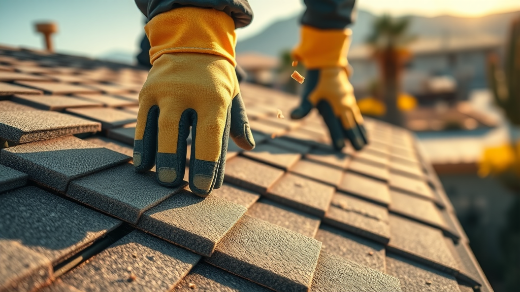 Close-up of expert roof repair in Las Vegas with detailed shingle work