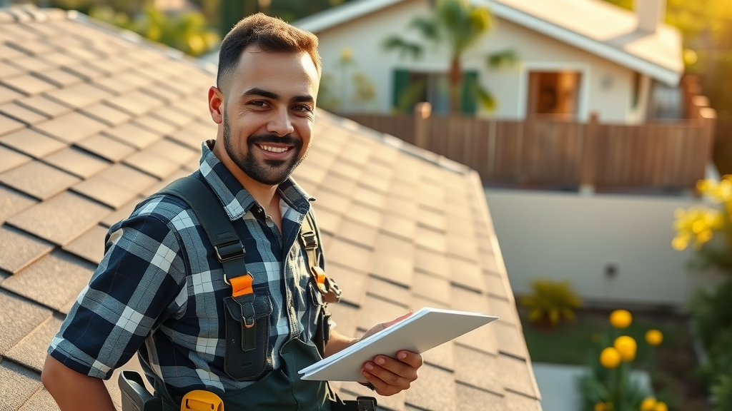 Roofer inspecting roof for maintenance program in Stockton, CA