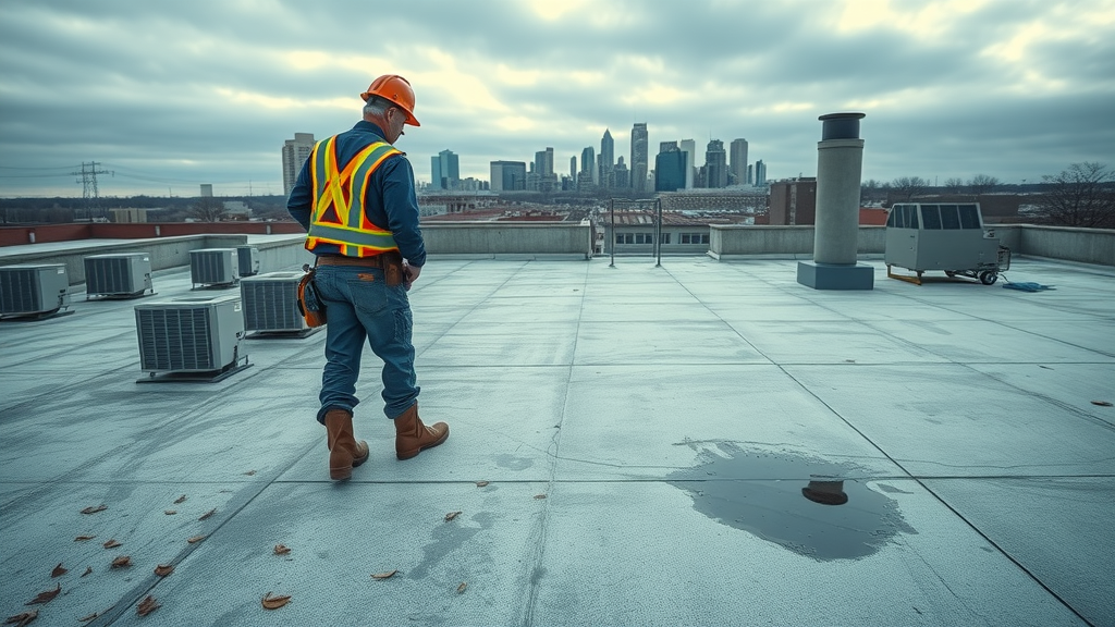 Preventive roof maintenance expert inspecting a commercial flat roof in Winston-Salem, NC