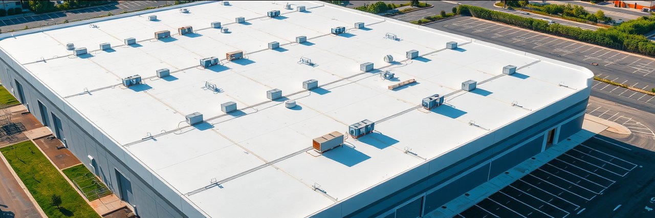 Aerial view of modern commercial warehouse roof by a commercial &amp; industrial roofing contractor in Appleton, WI.