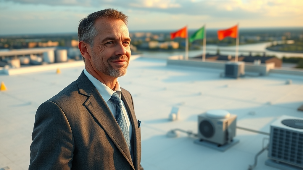 Satisfied Appleton business owner on new commercial rooftop by roofing contractor